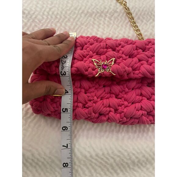 Handmade Women's Pink Crochet Gold Chain Shoulder Purse Clutch Strap Bag - Picture 9 of 10